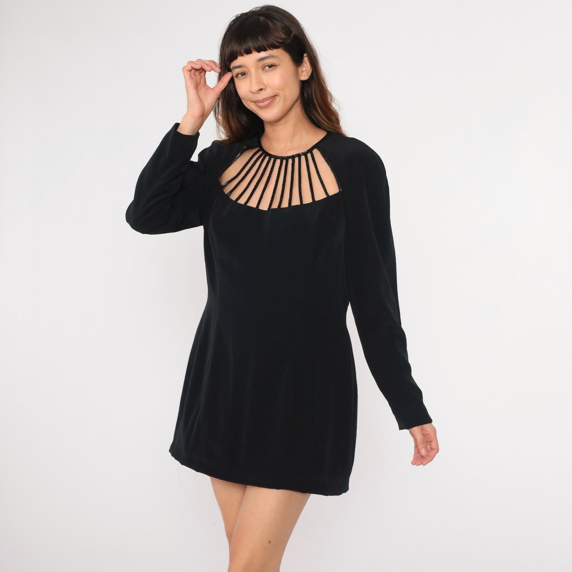 90s Black Beaded Cage Neckline Mini Dress Long Sleeve Sheath Large L