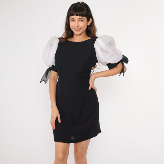 80s Black Organza Puff Sleeve Mini Dress with Bow Cuffs Small