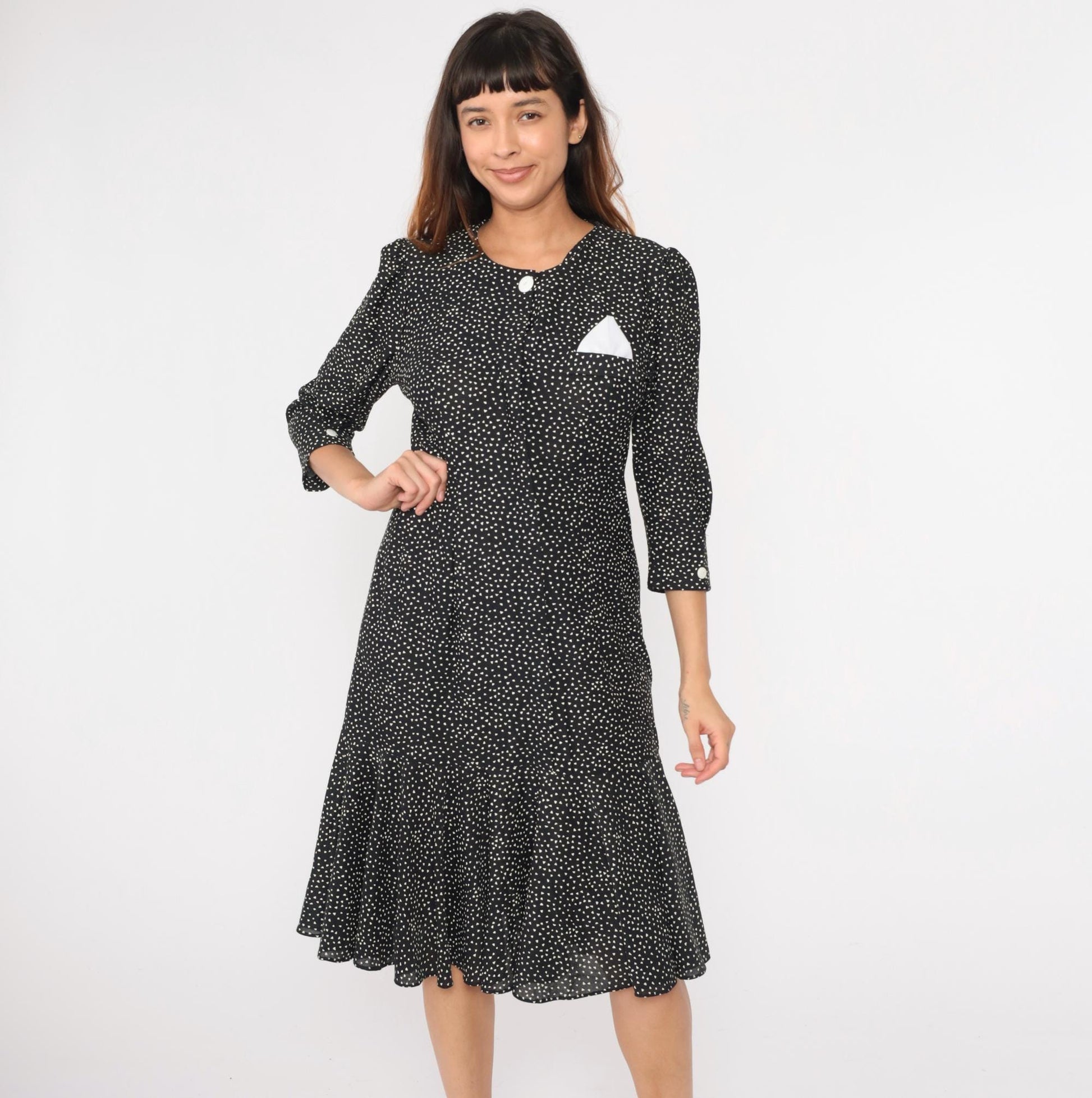 80s Black White Polka Dot Midi Dress Puff Sleeve Shift Ruffle Hem Medium
