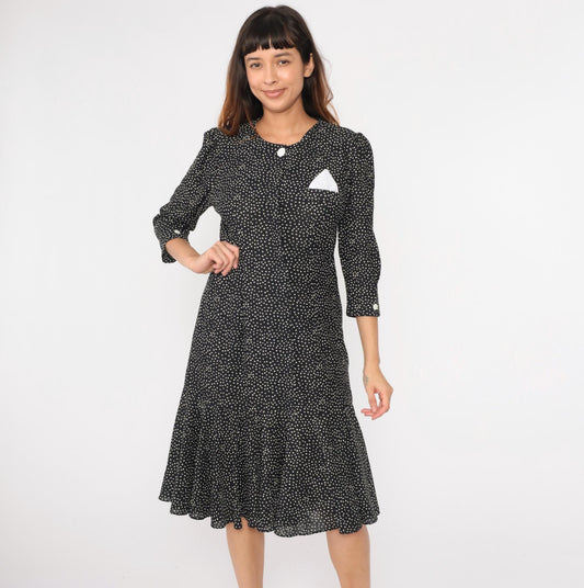 80s Black White Polka Dot Midi Dress Puff Sleeve Shift Ruffle Hem Medium