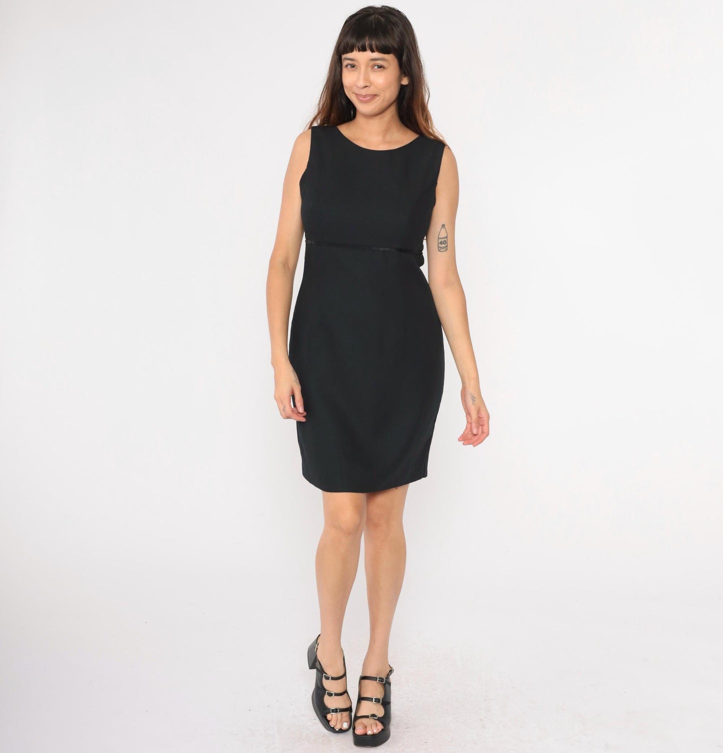 90s Black Shift Dress Empire Waist Mini Sleeveless Button Back Medium