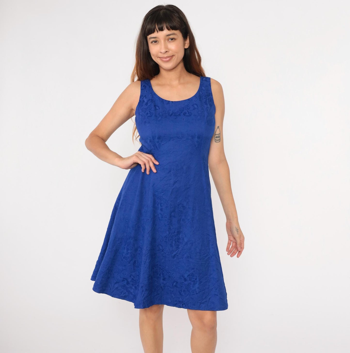 90s Karin Stevens Royal Blue Floral Jacquard Mini Dress Sleeveless Medium