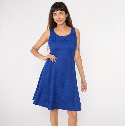 90s Karin Stevens Royal Blue Floral Jacquard Mini Dress Sleeveless Medium