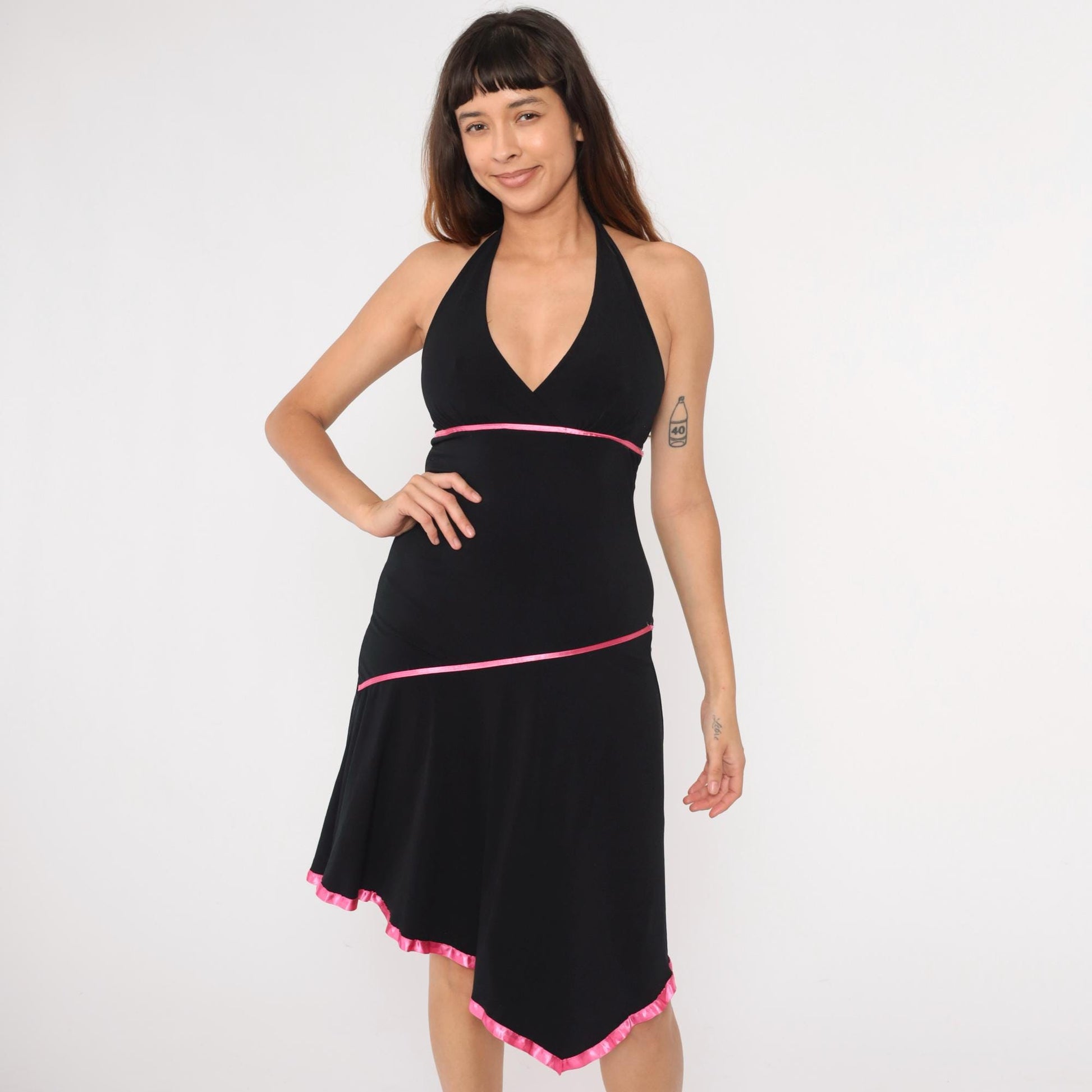 Y2K Black Halter Midi Dress Asymmetrical Hanky Hem Pink Trim Small Medium