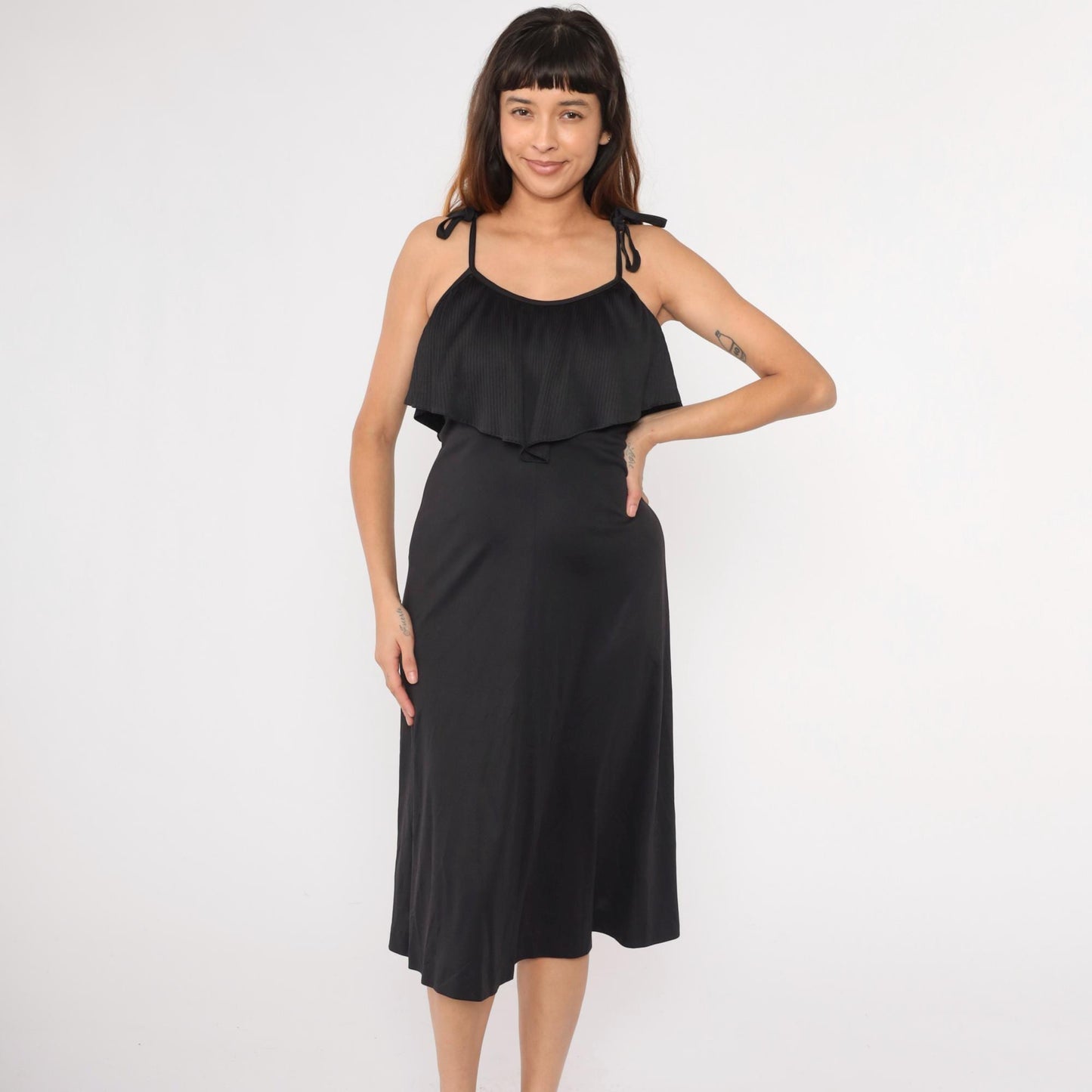 70s Black Midi Dress Ruffled Neckline Spaghetti Strap Disco Small