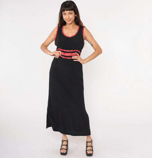 90s Black Maxi Dress Asian Jacquard Trim Sleeveless High Waist Medium