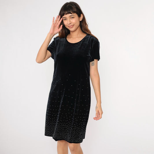 90s Black Velvet Beaded Mini Dress Short Sleeve Shift Large L