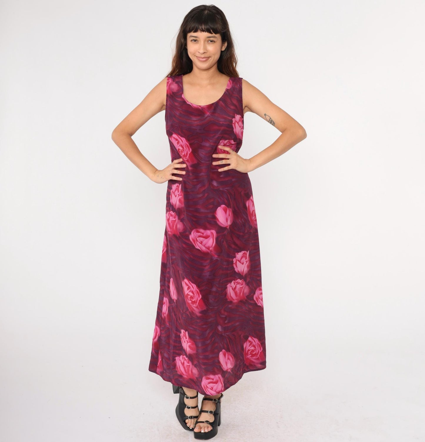 90s Floral Maxi Dress Pink Purple Rose Print Sleeveless Scoop Neck Medium Large