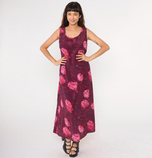 90s Floral Maxi Dress Pink Purple Rose Print Sleeveless Scoop Neck Medium Large