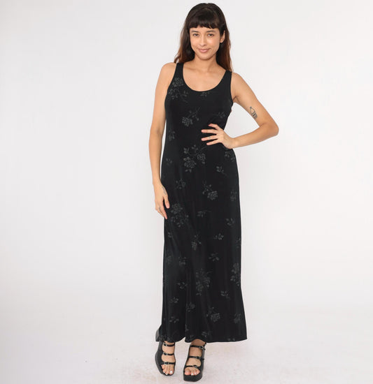 90s John Paul Richard Black Floral Glitter Maxi Dress Sleeveless Large L