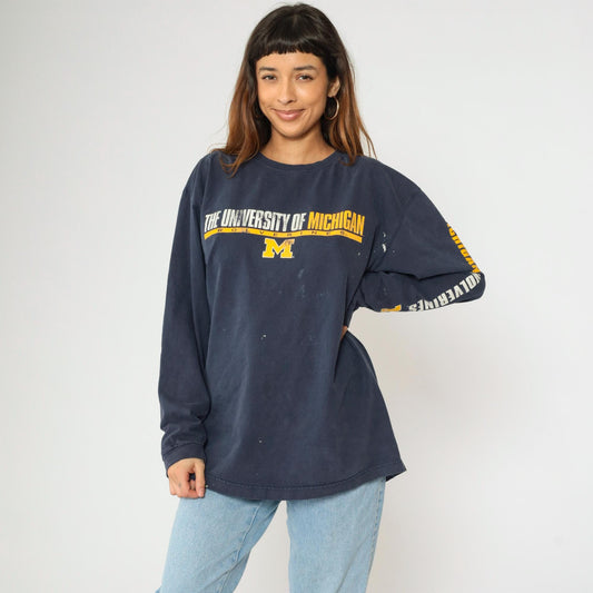 Y2K Michigan Wolverines Graphic Long Sleeve Tee Navy Paint Splatter Large