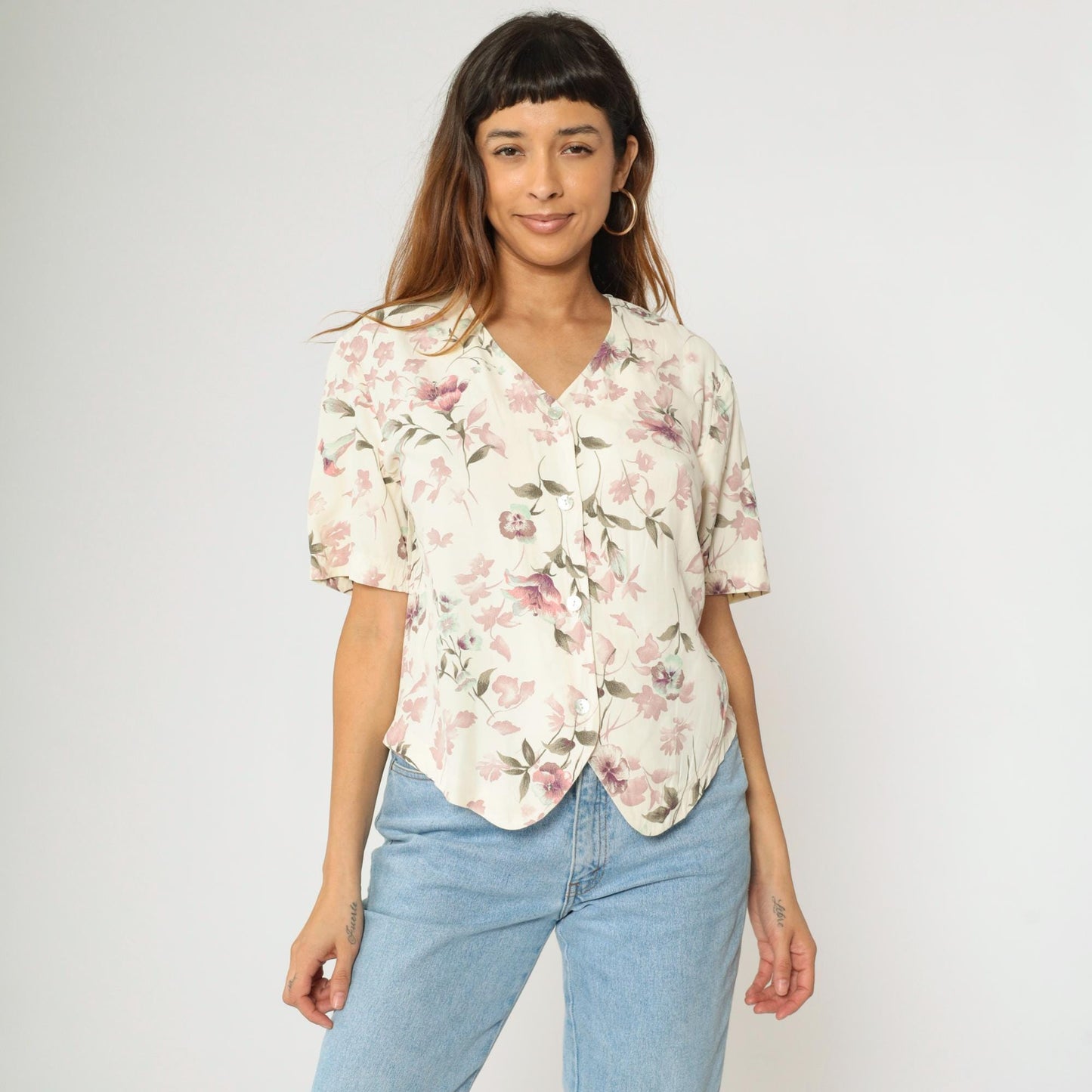 90s Lee David Floral Button Up Blouse Off-White Mauve Pink V-Neck Medium M