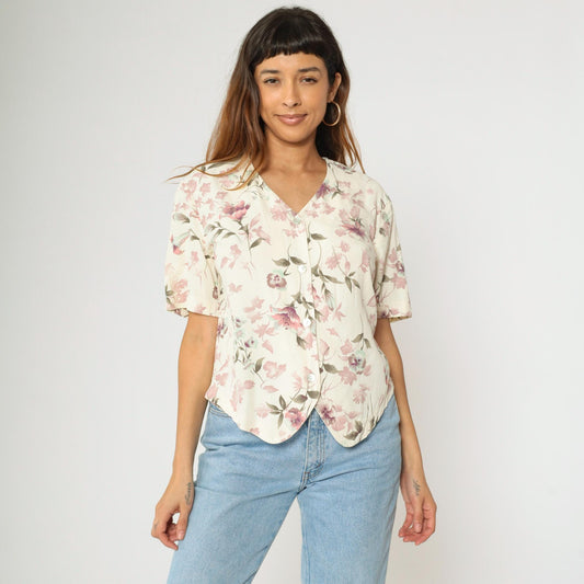 90s Lee David Floral Button Up Blouse Off-White Mauve Pink V-Neck Medium M