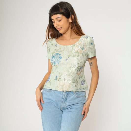 90s Green Floral Lace Blouse Short Sleeve Scoop Neck Button Back Small