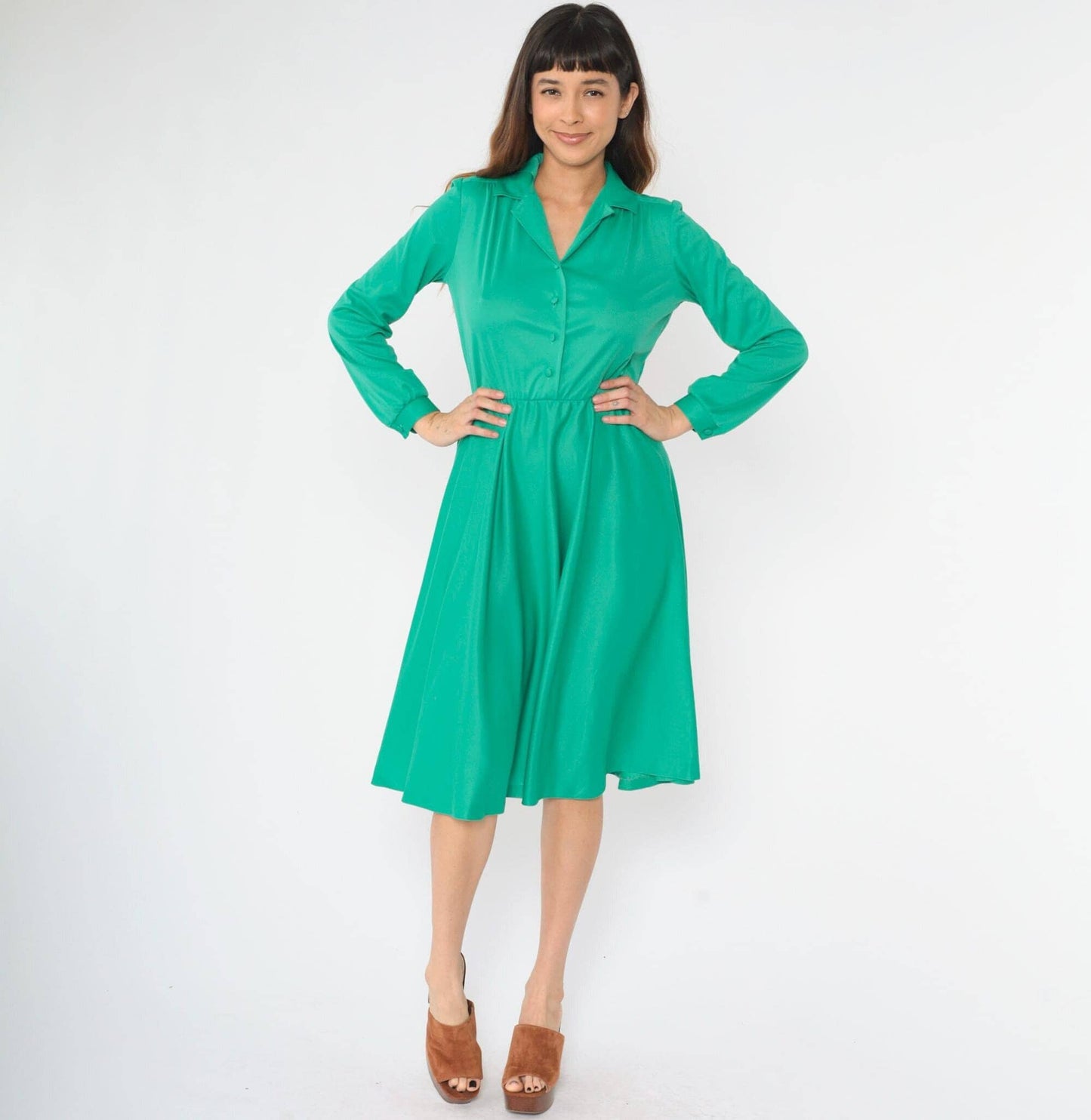 70s Green Midi Shirtdress Button-Up Collar High Waist Long Sleeve Small
