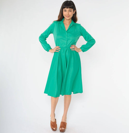 70s Green Midi Shirtdress Button-Up Collar High Waist Long Sleeve Small