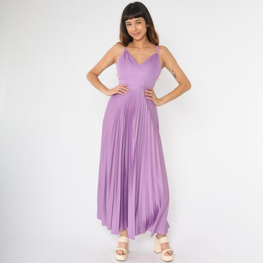70s Purple Pleated Maxi Dress Deep V Neck Spaghetti Strap Disco Gown XS