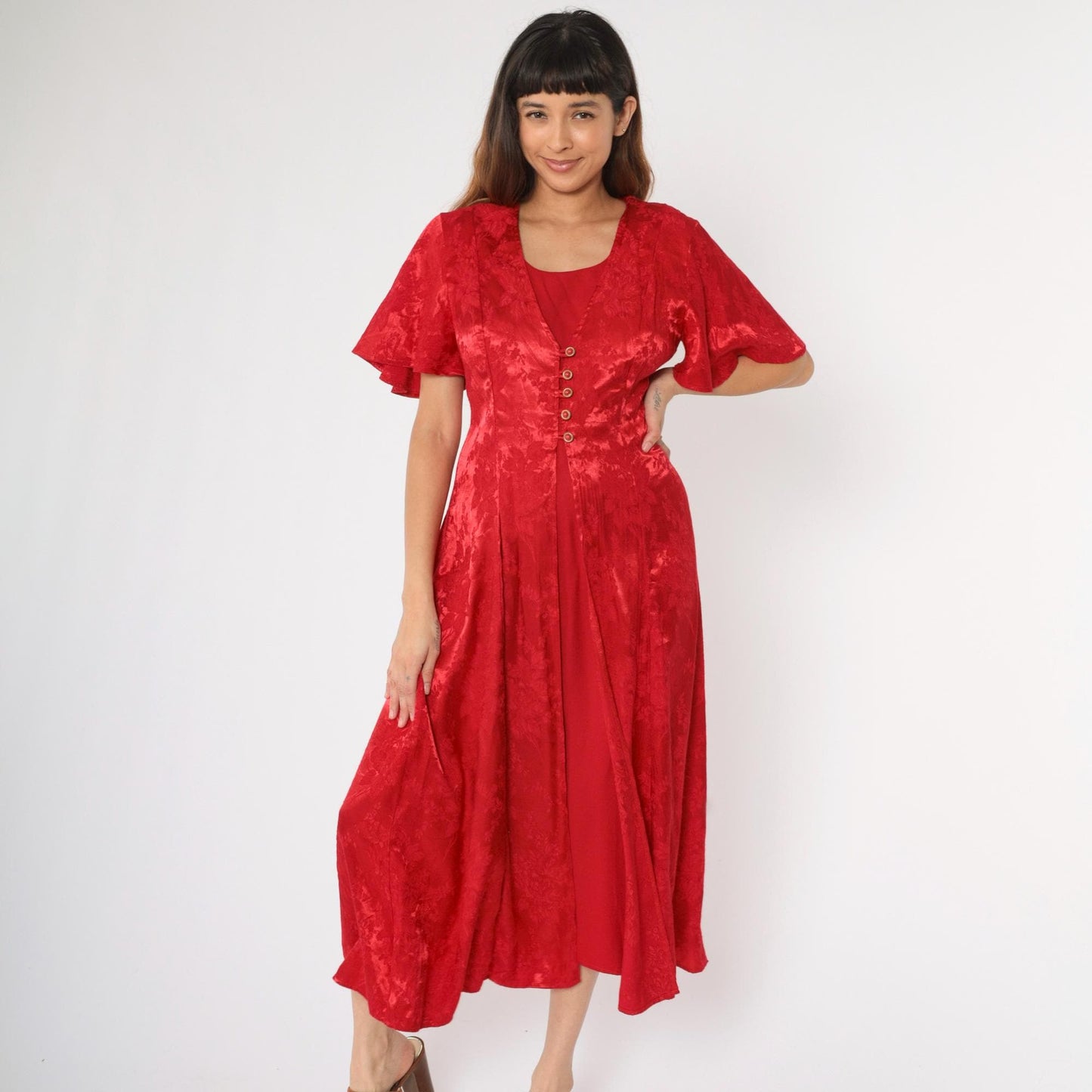90s Olivia Rose Red Floral Embossed Midi Dress Flutter Sleeve Medium