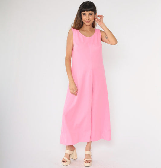 70s Pink Sleeveless Shift Maxi Dress Scoop Neck Ankle Length Large