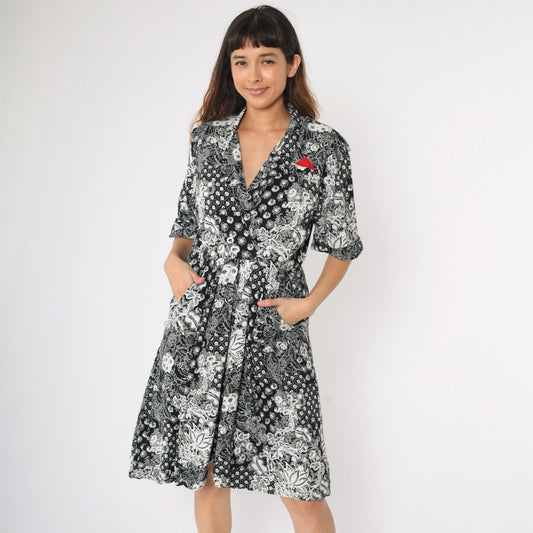 80s Jessica Ryan Black White Floral Midi Dress Faux Wrap Epaulettes Medium