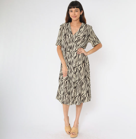 80s Leslie Fay Zebra Print Midi Shirtdress Brown Cream Double-Breasted Extra Large
