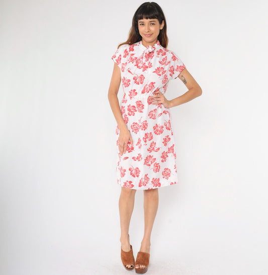 70s Red Floral White Midi Dress High Neck Bow Cap Sleeve Small