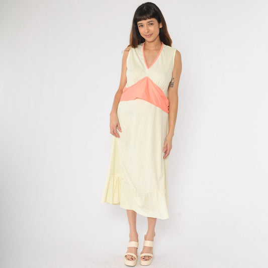 70s Cream Grecian Midi Dress V-Neck Empire Waist Flounce Sleeveless Large L
