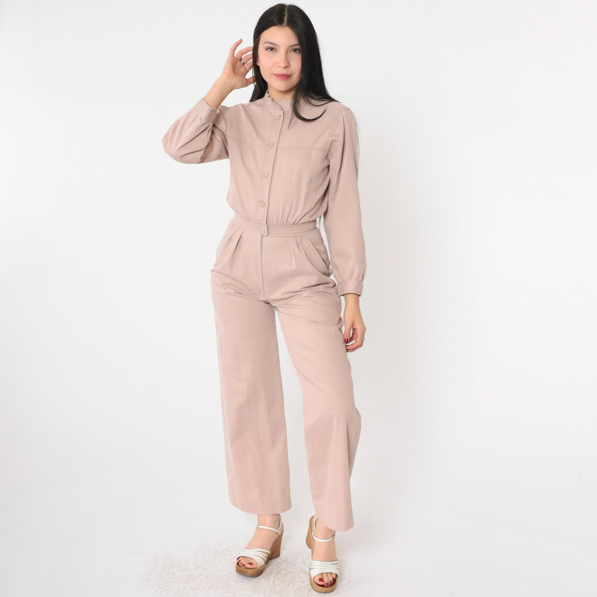80s Warm Taupe Utility Jumpsuit Wide Leg Pleated Button Front Extra Small