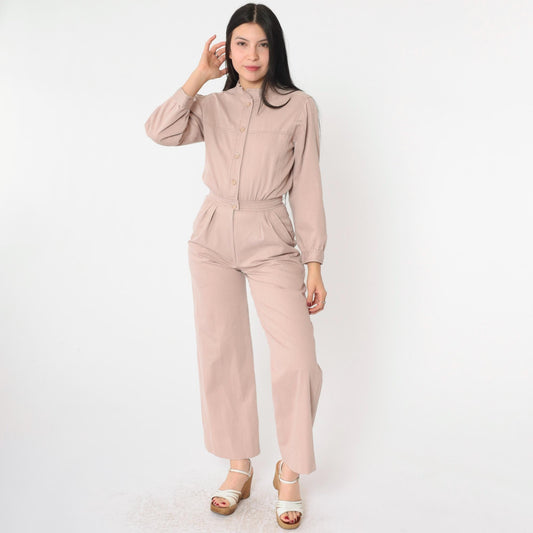 80s Warm Taupe Utility Jumpsuit Wide Leg Pleated Button Front Extra Small