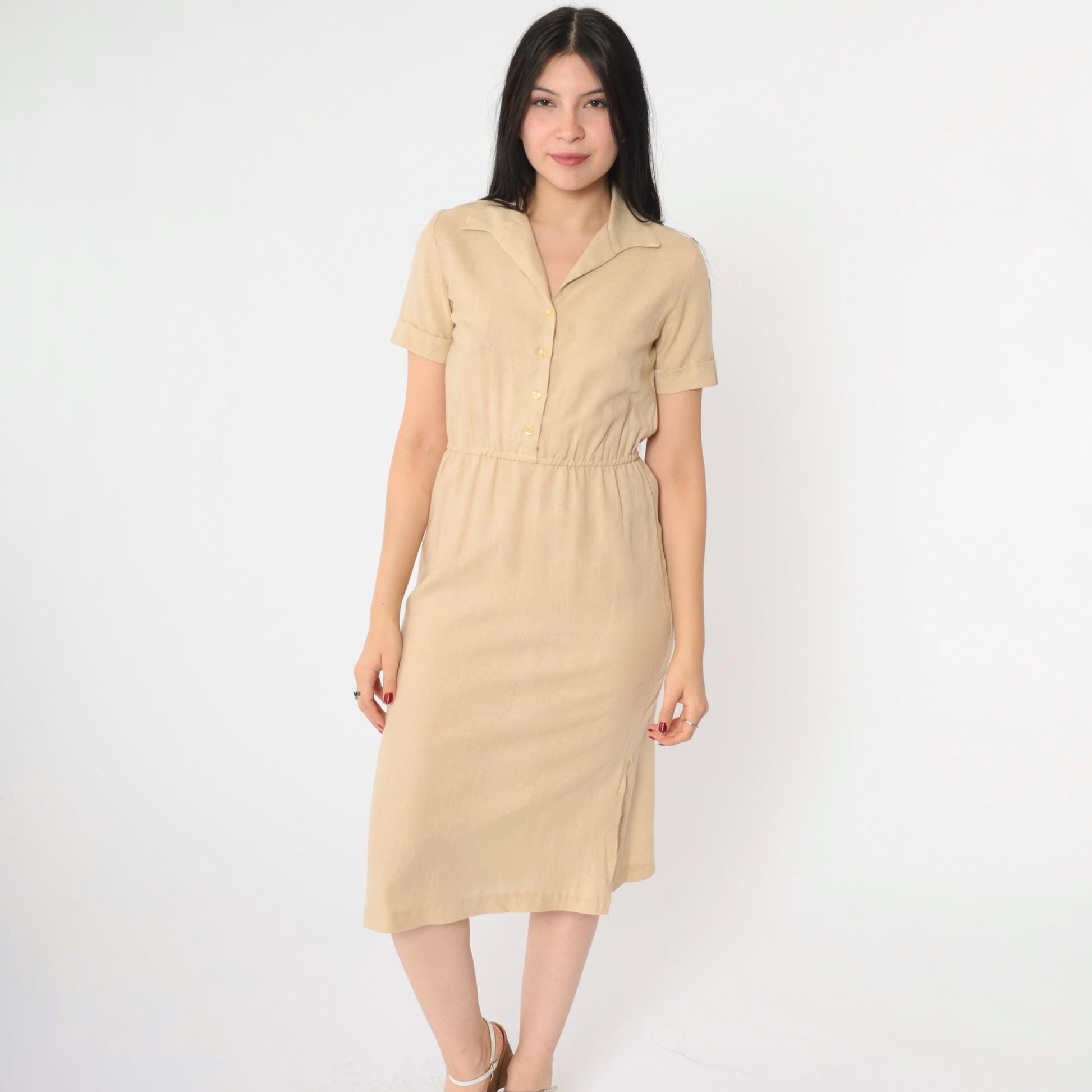 70s Tan Linen Shirtdress Button-Up Midi High-Waisted Short Sleeve Extra Small