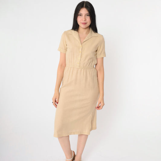 70s Tan Linen Shirtdress Button-Up Midi High-Waisted Short Sleeve Extra Small