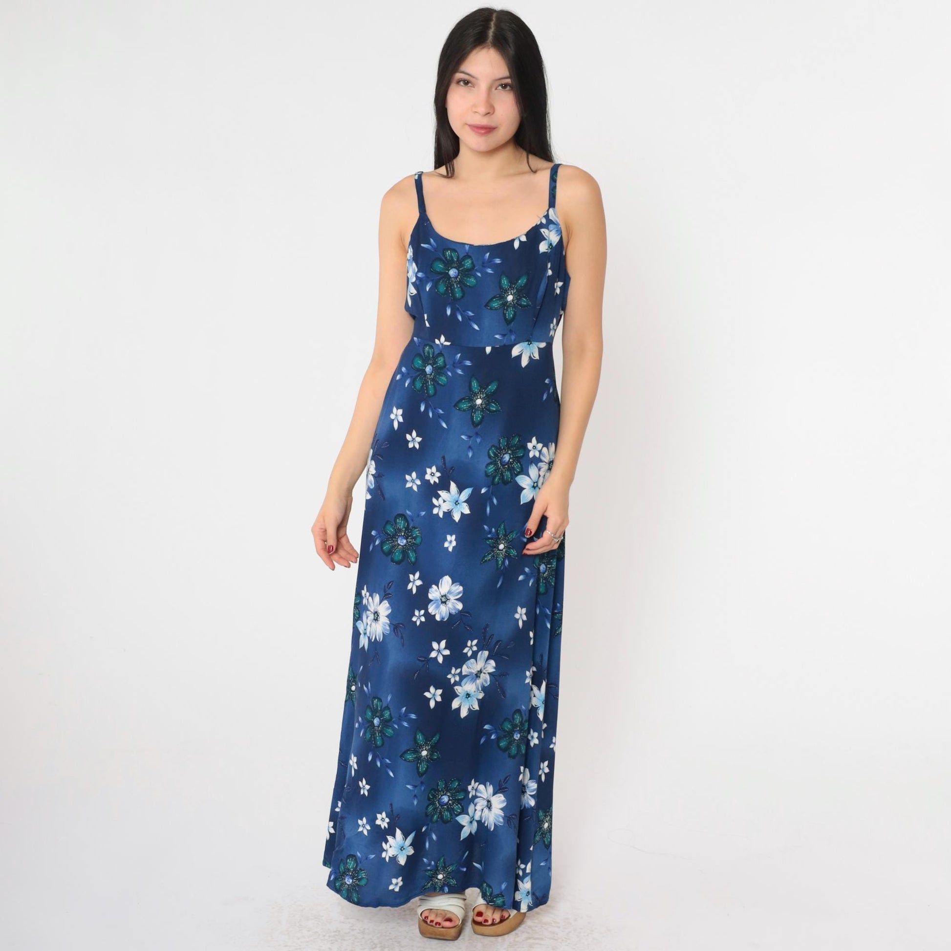 90s Blue Floral Maxi Dress Spaghetti Strap High Waist Medium