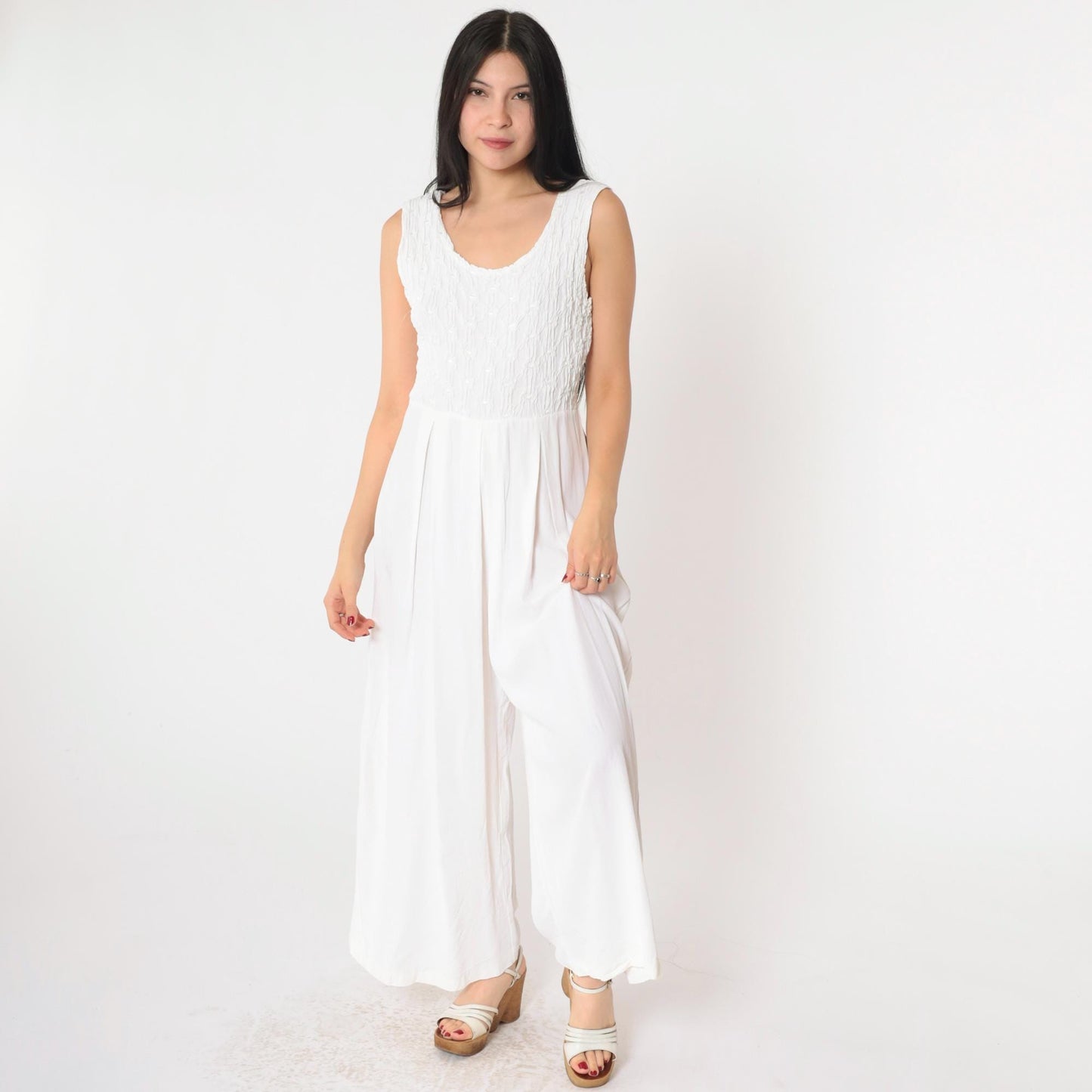 90s Express White Smocked Jumpsuit Sleeveless Wide Leg Scoop Neck Small
