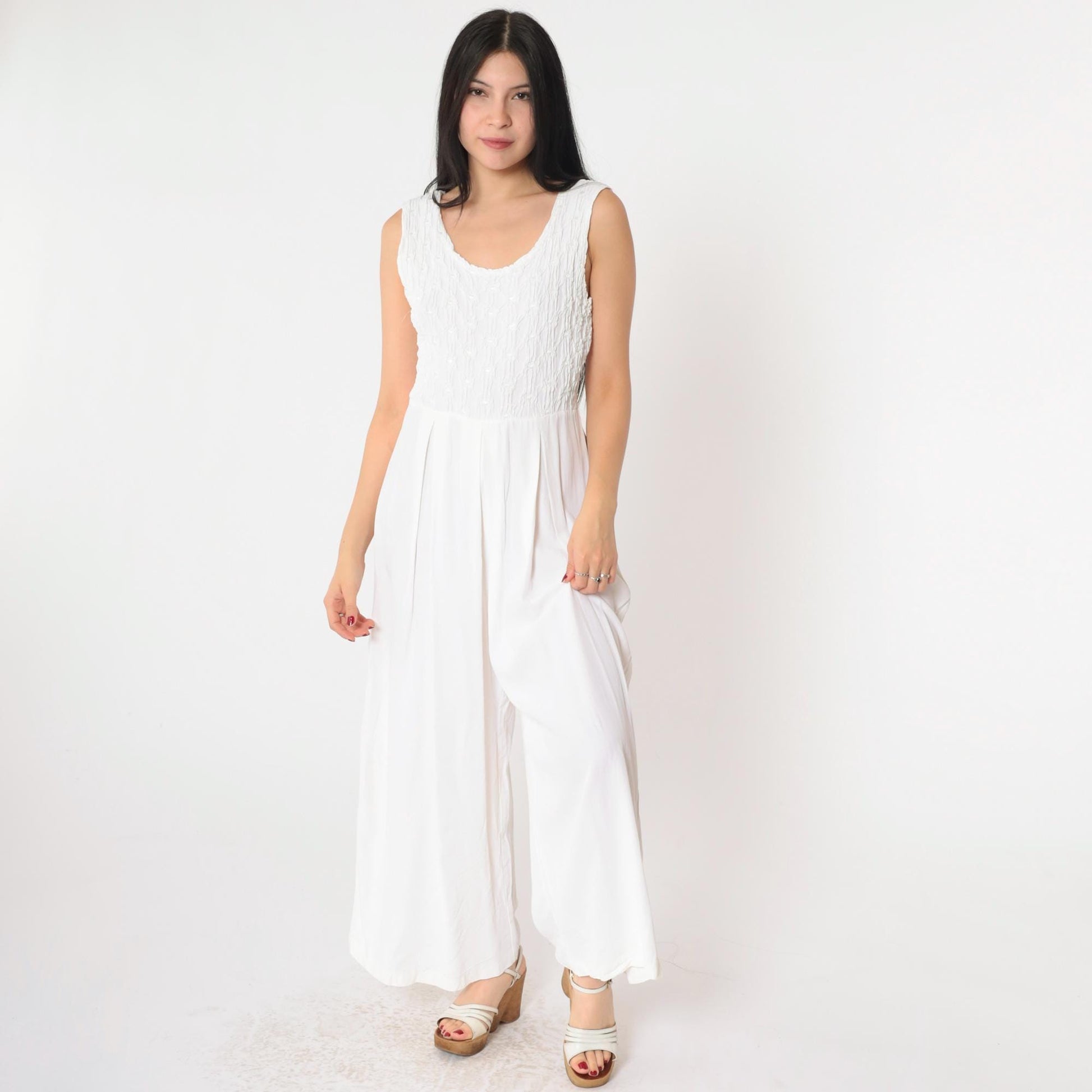 90s Express White Smocked Jumpsuit Sleeveless Wide Leg Scoop Neck Small