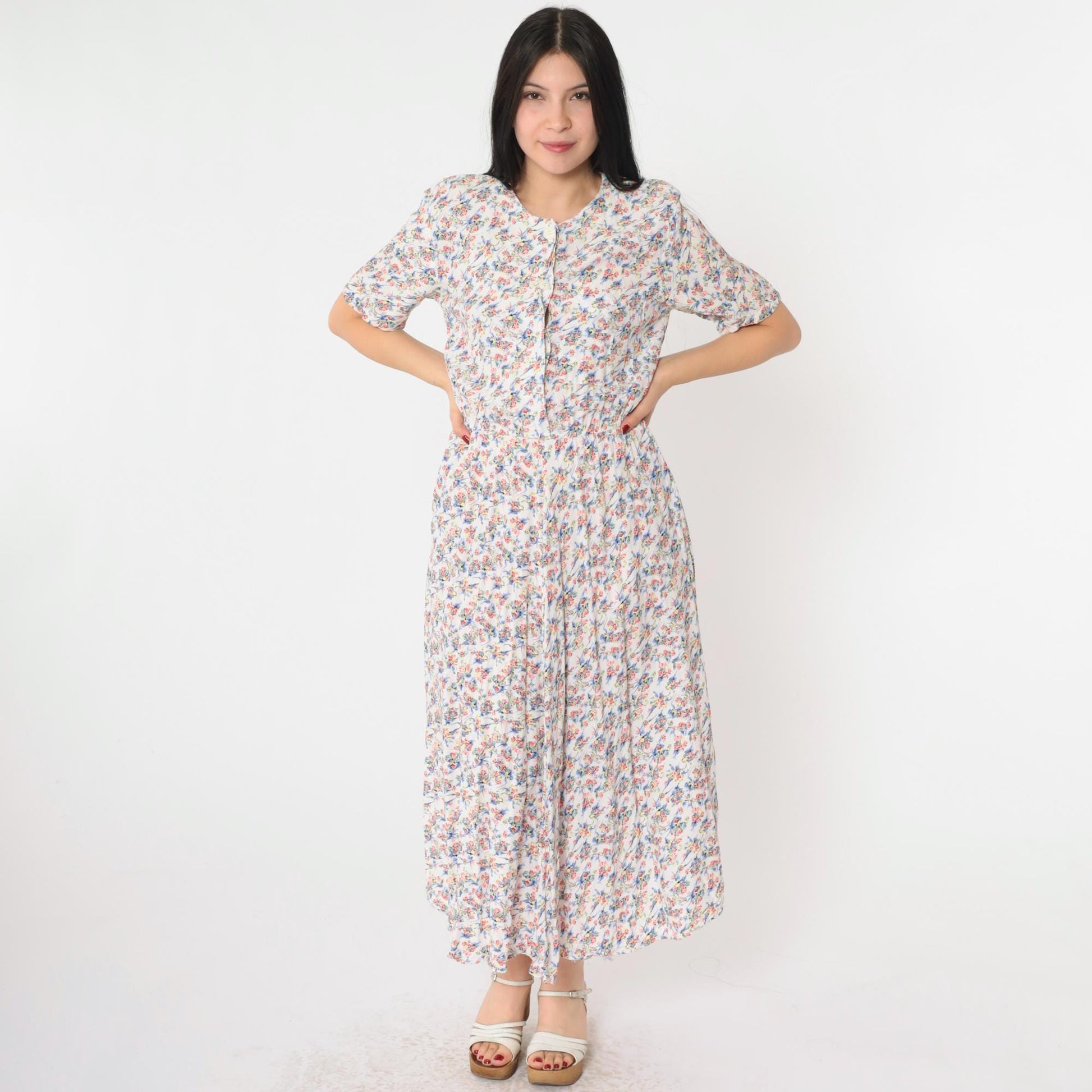 90s White Floral Print Button-Up Shirtdress Maxi Ankle Length Small