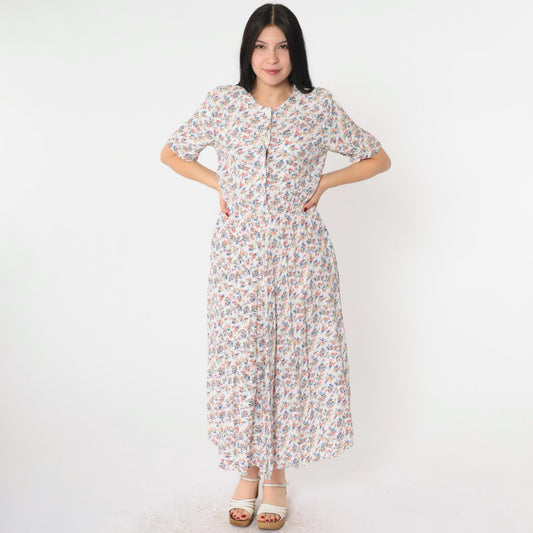 90s White Floral Print Button-Up Shirtdress Maxi Ankle Length Small