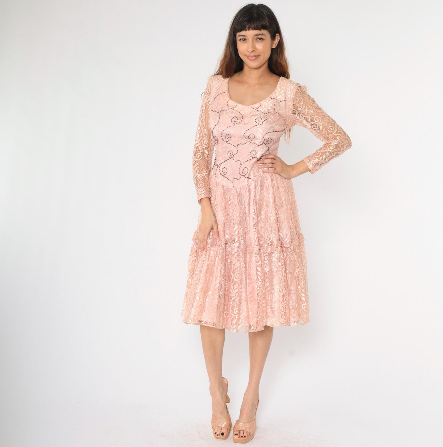 1960s Pink Lace Midi Dress Beaded Floral Scoop Neck Drop Waist Medium