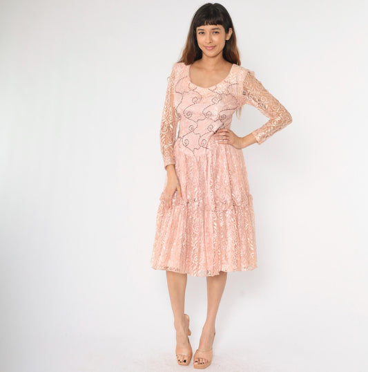 1960s Pink Lace Midi Dress Beaded Floral Scoop Neck Drop Waist Medium
