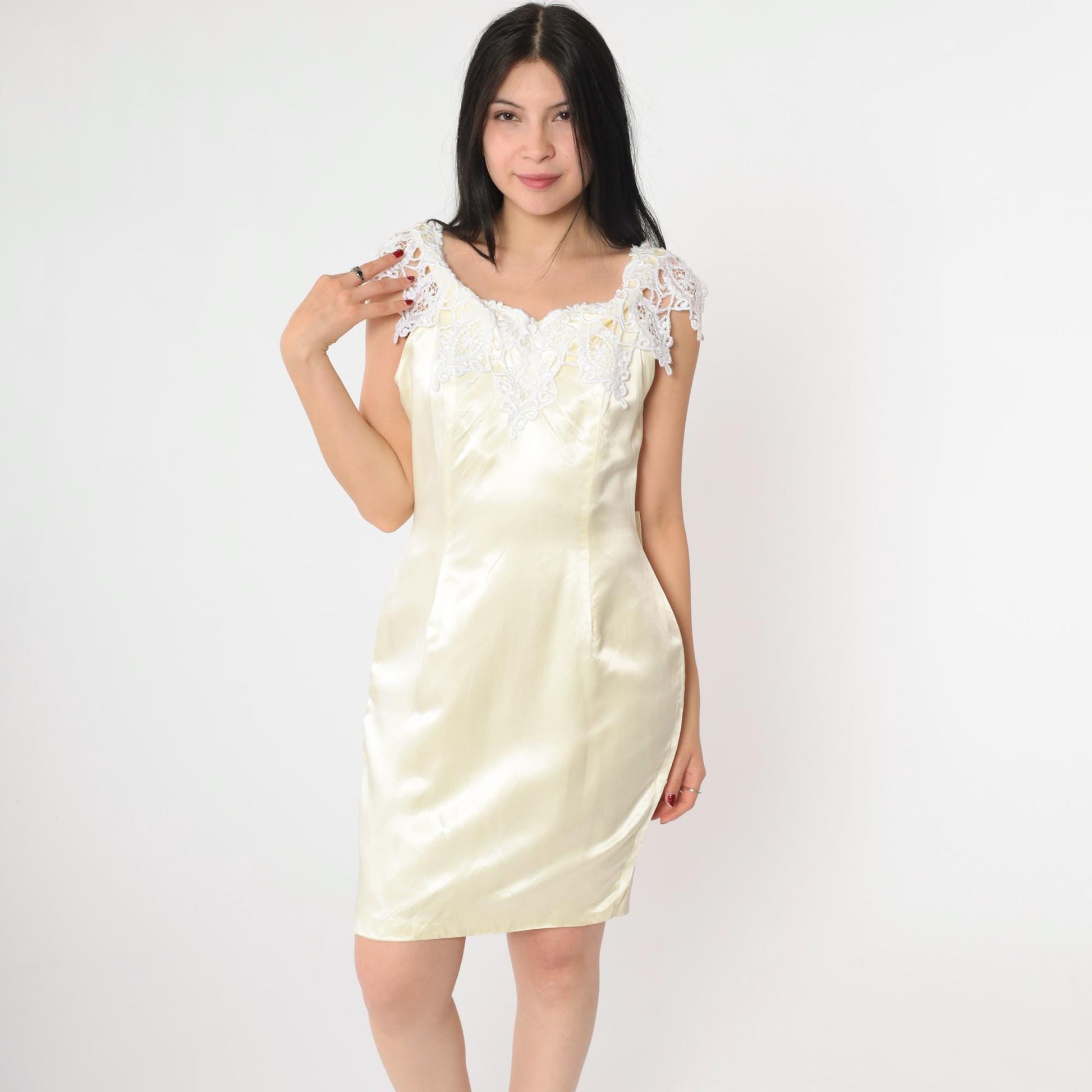 90s Cream Satin Lace Shift Dress Mini Sleeveless Small S