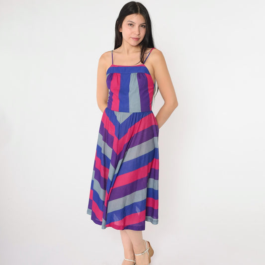 80s Chevron Striped Midi Sundress Open Back Spaghetti Strap Blue Pink Purple Small