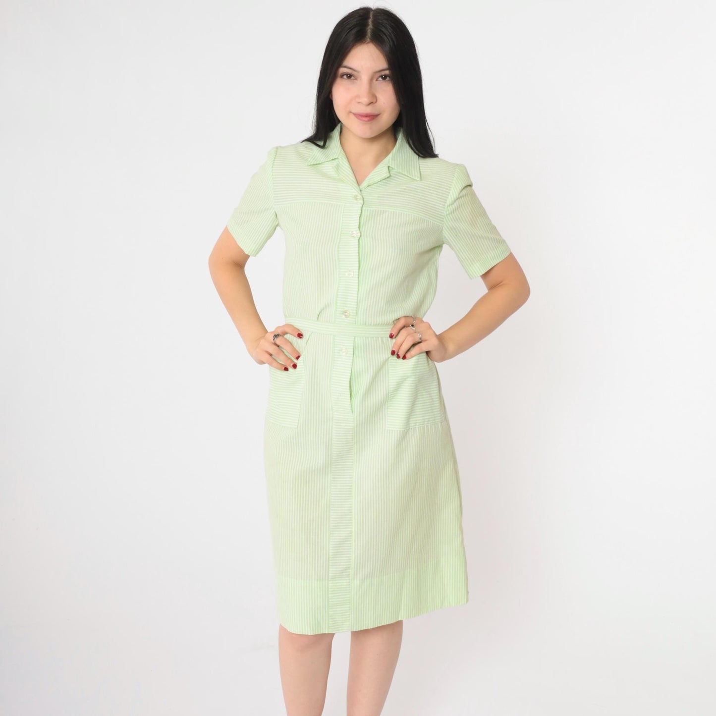 60s Nancy Frock Pastel Green Striped Button-Up Shift Dress Knee-Length Small