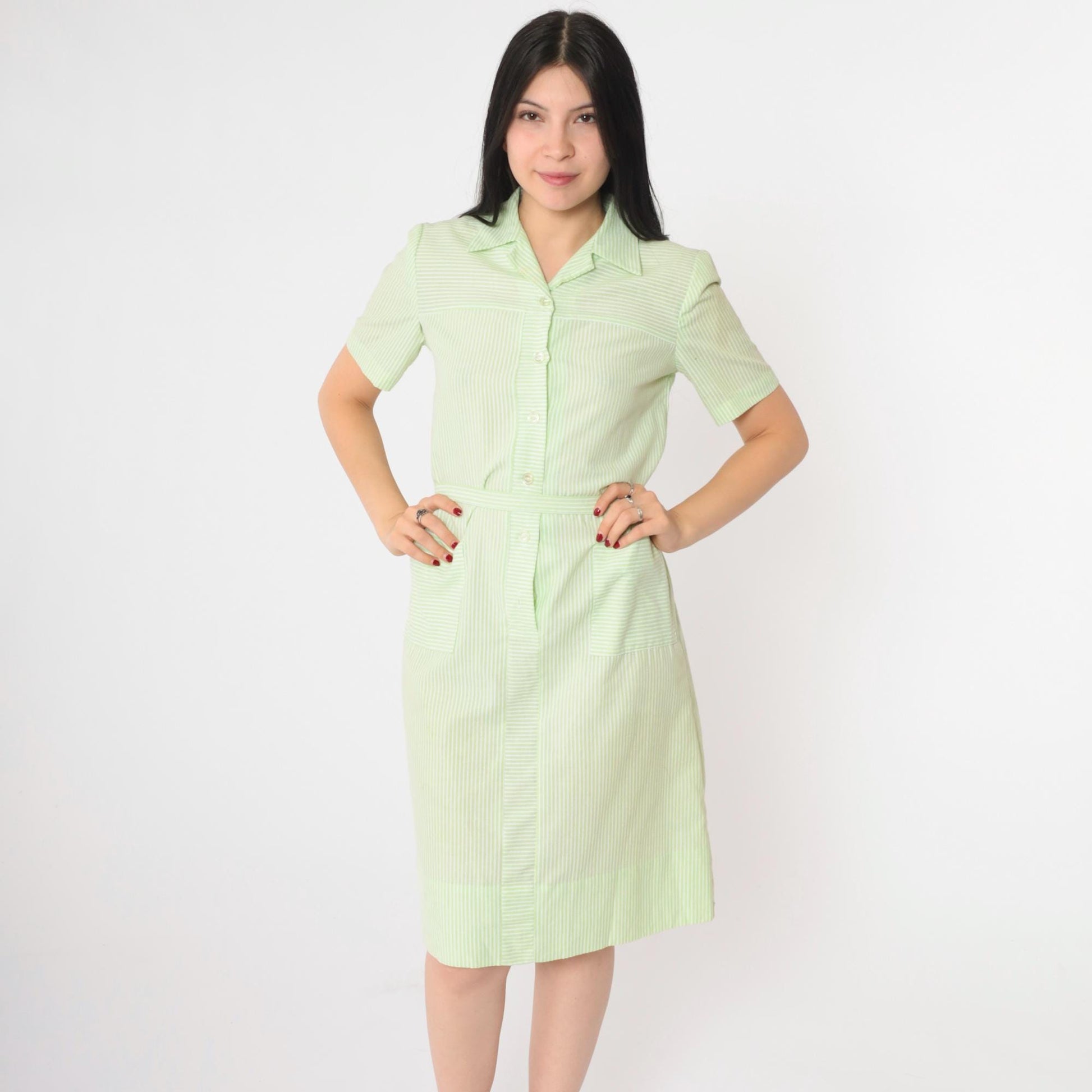 60s Nancy Frock Pastel Green Striped Button-Up Shift Dress Knee-Length Small