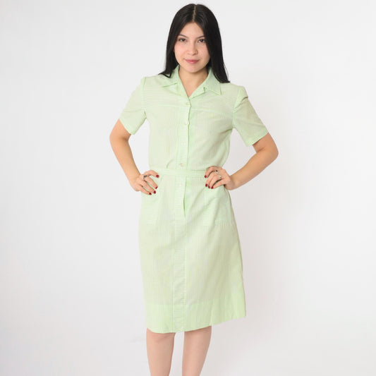 60s Nancy Frock Pastel Green Striped Button-Up Shift Dress Knee-Length Small