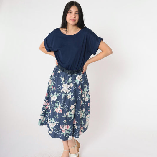 80s Navy Floral Midi Dress High Waist Belted Blouson Short Sleeve Small Medium