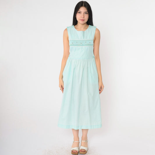 80s Seafoam Embroidered Bumble Bee Floral Midi Pinafore Dress Small