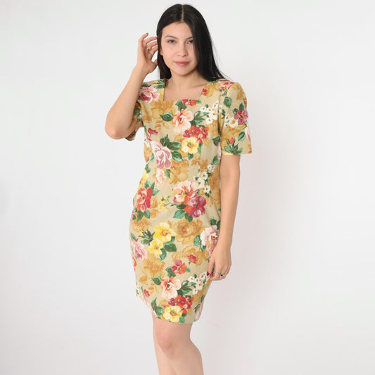 90s Petite Sophisticate Floral Mini Dress Tan Sheath Square Neck Extra Small