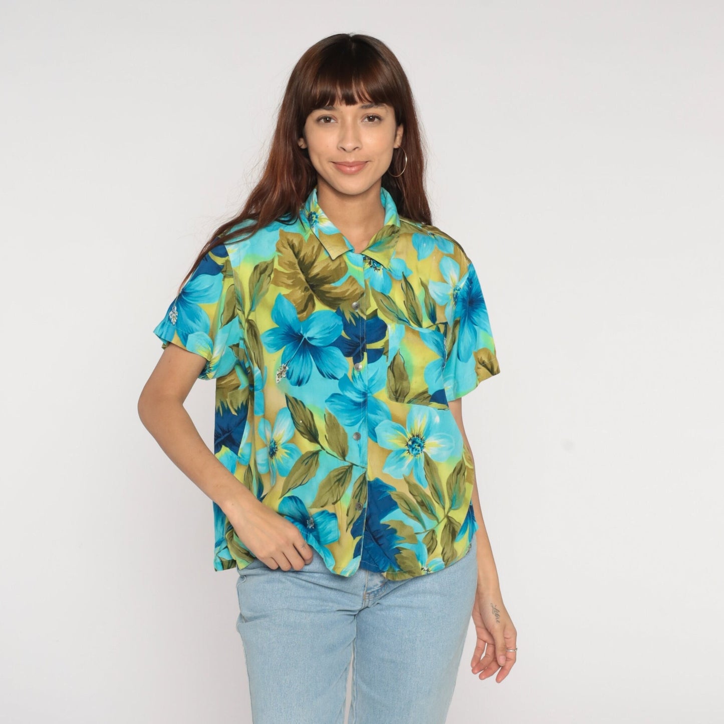 Y2K Liz Claiborne Tropical Floral Button-Up Blouse Blue Green Hibiscus Large L