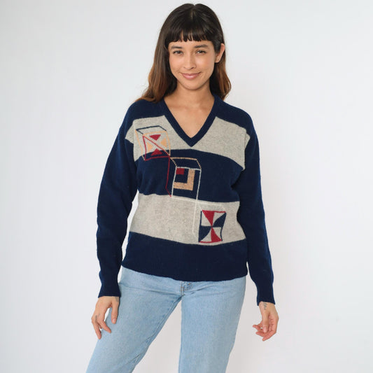 80s Geometric Cube Striped Wool V-Neck Sweater Navy Grey Medium