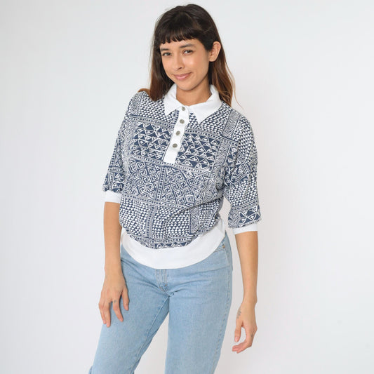 90s Drapers & Damons Geometric Patchwork Polo Shirt Navy White Dolman Medium