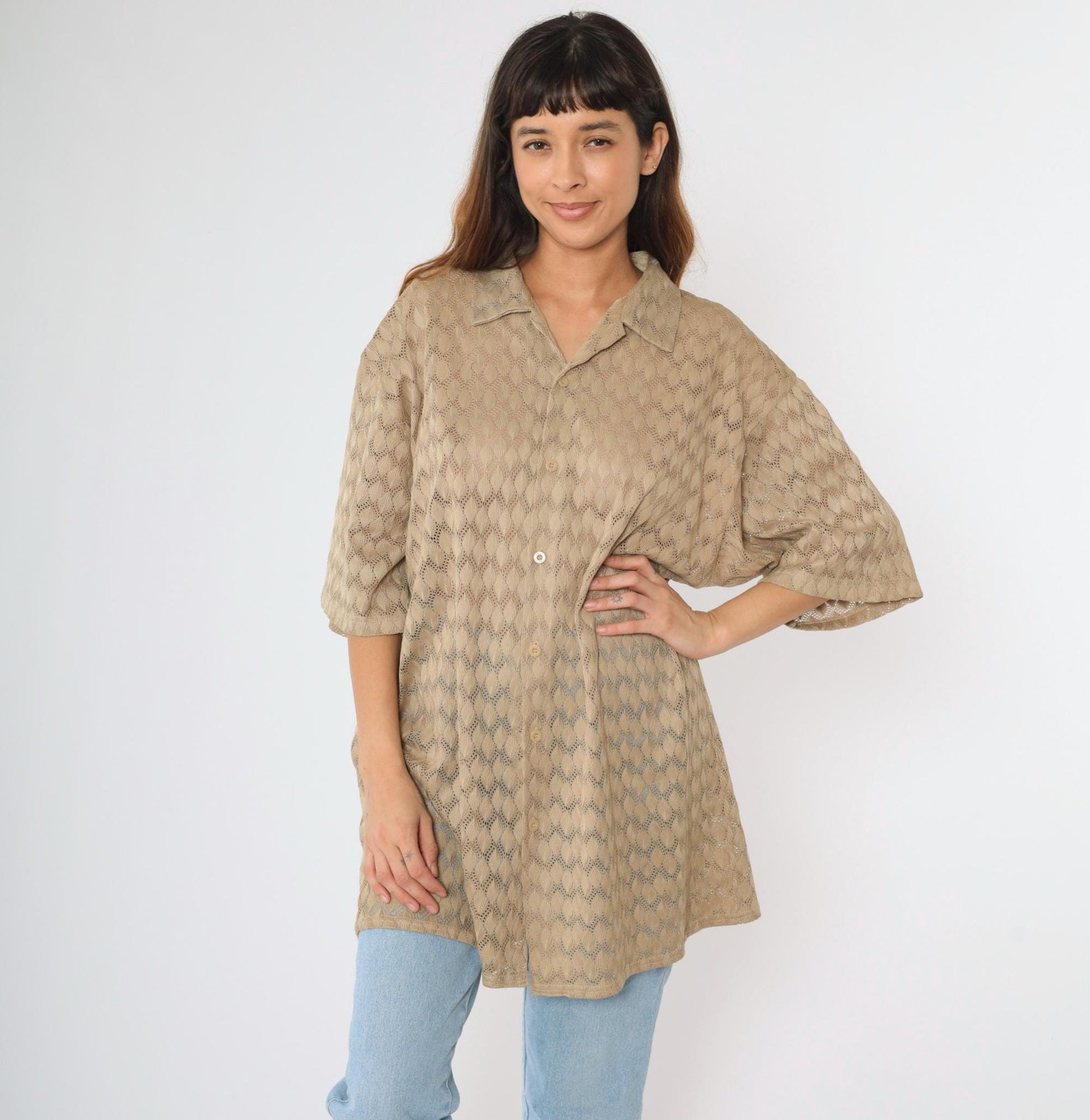 Y2K Sheer Lace Knit Button-Up Shirt Beige Men's Extra Large XL